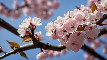 Beautiful Sakura Flowers and Blossoming Tree in Springtime Sky