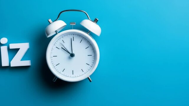 Alarm clock movement with quiz word on blue background illustrating time concept