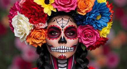 A young woman with dark hair and a vibrant floral crown adorns her face with a striking Catrina makeup design, celebrating the Mexican Day of the Dead tradition.