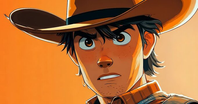 Close-up portrait of a person wearing a cowboy hat and looking angry and determined. The background color is orange and yellow and the lighting style is warm
