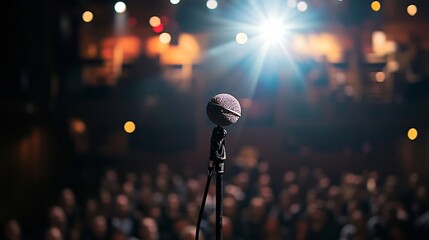 Motivational speaker inspiring a crowd at a leadership workshop stage spotlight engaged audience