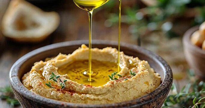 Overhead shot of hummus with oil drizzle, set in a rustic wooden bowl, with herbs and nuts, on a wooden background, lit by natural light