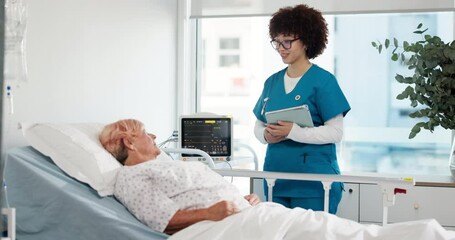 Hospital, bed and nurse with mature woman for medical service, consulting and treatment. Healthcare, clinic and person talking to senior patient with tablet for surgery, procedure and diagnosis - Powered by Adobe