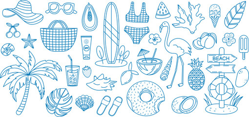 Mediterranean Summer vacation beach elements doodle blue line art vector illustration set