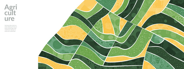 Pattern and texture background of green farm field with abstract graphic design. Geometric grassland, countryside farmland banner. Modern agriculture illustration, aerial view, rural eco environment
