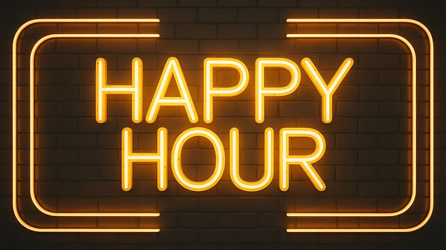Illuminated happy hour neon sign against a dark brick wall background indoors