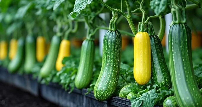 Green and yellow zucchinis growing in a greenhouse, with a focus on detailed texture, and vivid color, on focus on green leaves