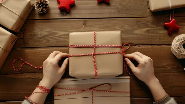 Holiday gift wrapping on a wooden table. A person's hands are shown tying a red and white string around a brown paper package, surrounded by festive decorations.