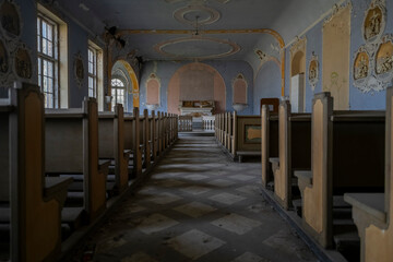 Old Abandoned Palace in Branice with Blue Chapel Interior, Poland