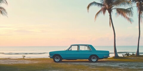 A classic car positioned beautifully by the beach during a stunning sunset view