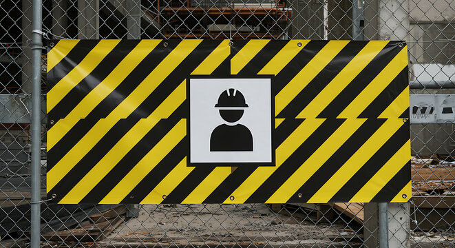 Construction Safety Warning Sign on Chain Link Fence