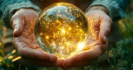 Hands Holding a Crystal Ball with Golden Sparkles. The image showcases a close-up view of two hands holding a crystal ball filled with golden sparkles, offering a mystical and magical vibe