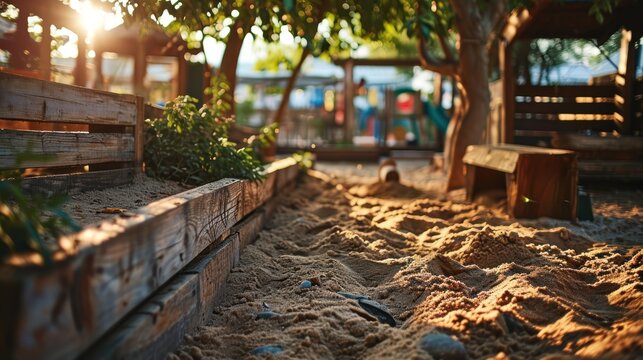 Wooden bench in the sand on the playground in the park. Kindergarten. Sandbox. Childhood Concept with copy space.