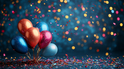 festive balloons and confetti on a blue background with copy space