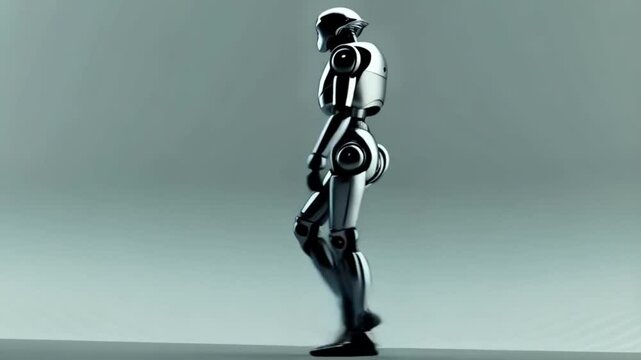 A robot walking slowly on a flat surface with a bright white background in a side view shot