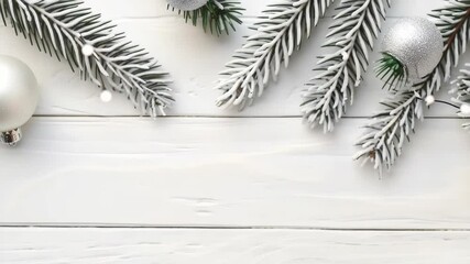 A festive holiday scene with snowy evergreen branches and shiny ornaments on a white wooden surface, creating a clean and elegant Christmas backdrop. Space for text overlay. 