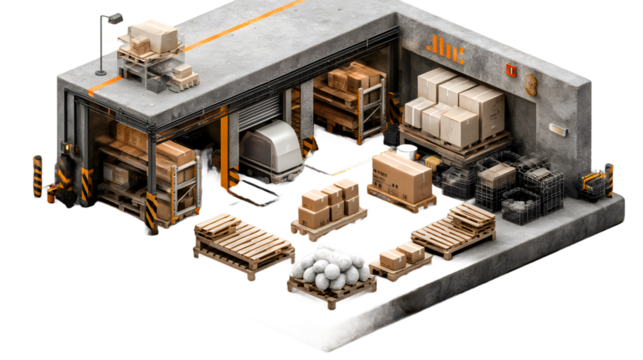 Warehouse Interior Automated Guided Vehicle with Cardboard Boxes and Pallets