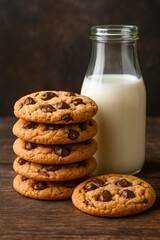 Chocolate chip cookies with glass bottle of milk