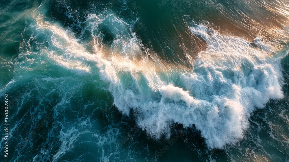 Aufkleber Waves crash fiercely against each other, creating a dynamic display of foam and froth in a rough sea. The turquoise water glistens as sunlight reflects off its surface, emphasizing the ocean's energy