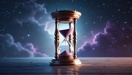 Elegant hourglass with flowing sand, illuminated against a cosmic background, symbolizing the passage of time and the beauty of fleeting moments in a serene atmosphere