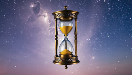 Vintage hourglass with golden sand suspended in space, surrounded by a starry night sky, symbolizing the passage of time and the universe's vastness