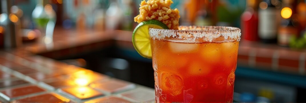 Refreshing michelada cocktail with lime and crunchy snack garnish at colorful bar