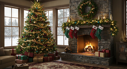Fototapeta premium Cozy Christmas Living Room with Decorated Tree, Fireplace, Gifts, and Snowy Window View