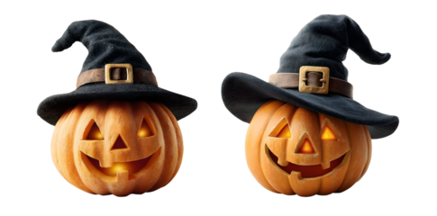 Two halloween pumpkins wearing witch hats, carved with smiling faces, isolated on transparent background