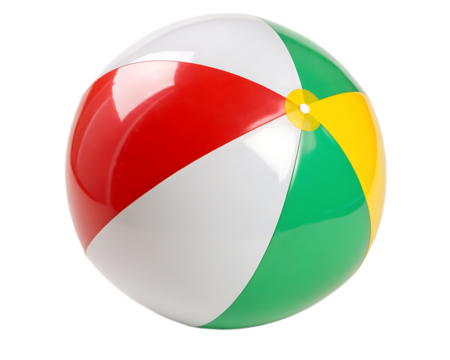 A close up shot of a colorful beach ball with red white green and yellow panels in bright lighting