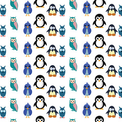Cute Cartoon Penguins and Owls Winter Wonderland Seamless pattern Background Design
