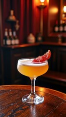 Classic cocktail in dimly lit bar setting with citrus garnish on wooden table
