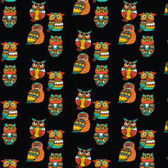 Nocturnal Charm: Colorful Owl Pattern on black background