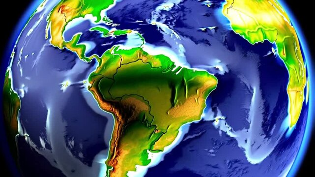 Animated globe showing south america and the atlantic ocean with topographic relief and bathymetry