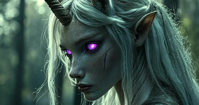 Close up of a mythical human-like creature with a horn, glowing eyes, and a forest background. The creature has pale skin and a horn. The background consists of blurred green trees