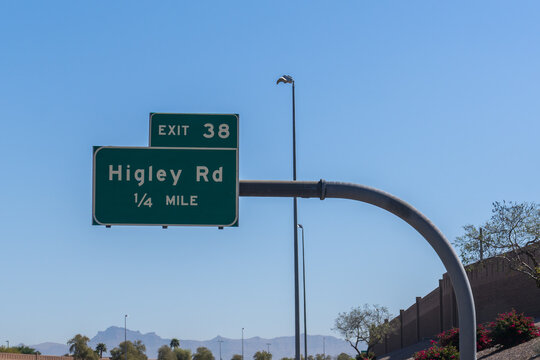 exit 38 sign on the Arizona State 202 Loop, also called Santan Freeway, in the Phoenix, Arizona metropolitan area, for Higley Road