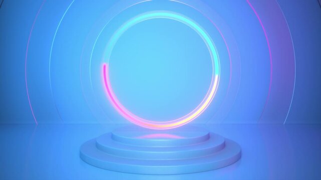 A blue backstage scene with a podium and a glowing neon ring with rotating blue and magenta lights. Ideal for product presentations, tech events, or futuristic backdrops. Loopable 4K animation.