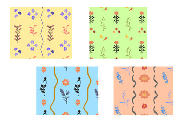 Vintage style colorful floral seamless pattern vector illustration set. Flowers and plants background design. Geometrical wallpaper print, spring season nature and flowers texture