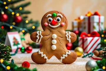 Festive gingerbread man with christmas decorations