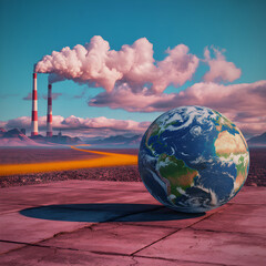 Surreal Industrial Landscape with Earth Globe and Smokestacks in Psychedelic Colors
