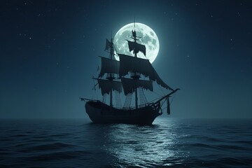 Silhouette of a pirate ship at night