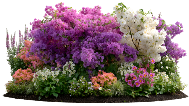 Lush garden of colorful flowers in full bloom, isolated on transparent background, showcasing a vibrant display of nature's beauty