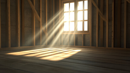 Obraz premium Wooden framework and flooring of a house under construction, illuminated by sunlight streaming through a window