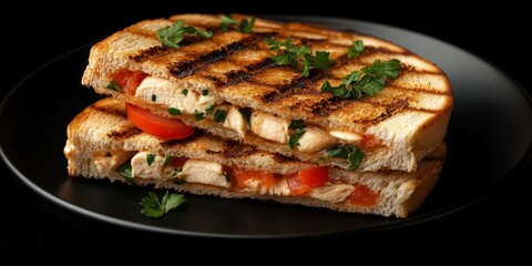 Grilled sandwich filled with chicken, tomatoes, and herbs on a sleek black plate
