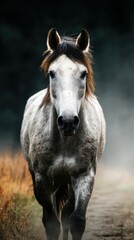 Obraz premium Horse walks along a misty path in a serene natural setting at dusk near a forest landscape