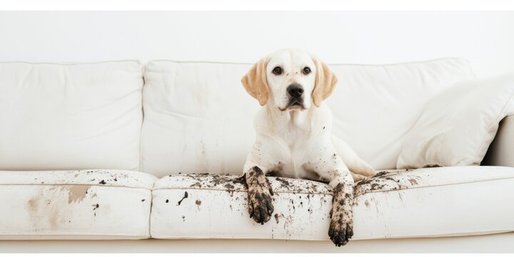 An Adorable and Playful Dog Happily Creating a Mess on a Cozy White Couch Inside the House