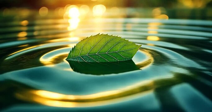 Close up of a single green leaf floating on water. The leaf is in focus with a sunlit reflection in the background. The water surface exhibits ripples and wave patterns. The background is blurred