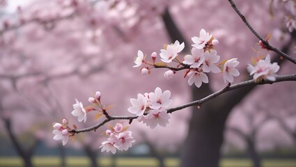 Obraz premium Tranquil Spring Close Up of Cherry Blossom Tree Branches in Bloom with Soft Pastel Background and Dreamy Light
