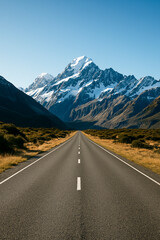 Naklejka premium Scenic road leading to snow-capped mountains under clear sky