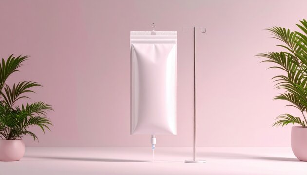Medical Breakthrough: Sterile White IV Bag on Pink Background with Minimalist Plants