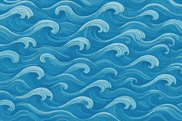 Obraz premium Seamless ocean wave pattern, traditional Japanese art style. Blue water marine background vector. Stylized aquatic surf, sea swirls illustration for wallpaper, textile print, abstract texture.
